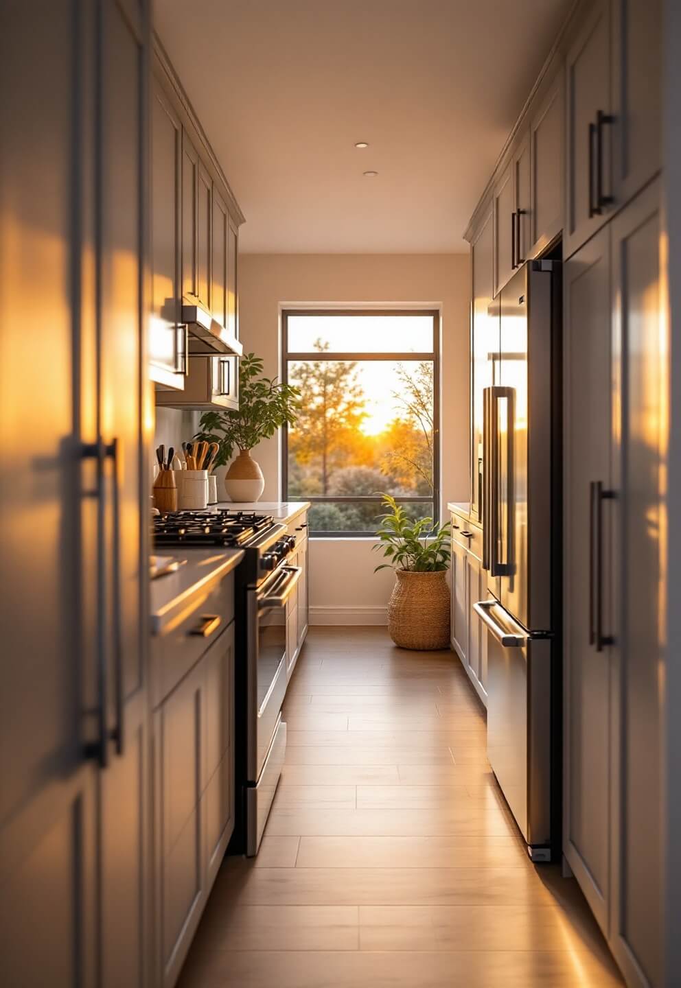 Low angle view of a modern 12x18ft galley kitchen with handleless dove grey cabinets, integrated stainless steel appliances glowing in the golden hour light, and visible pull-out pantry system.