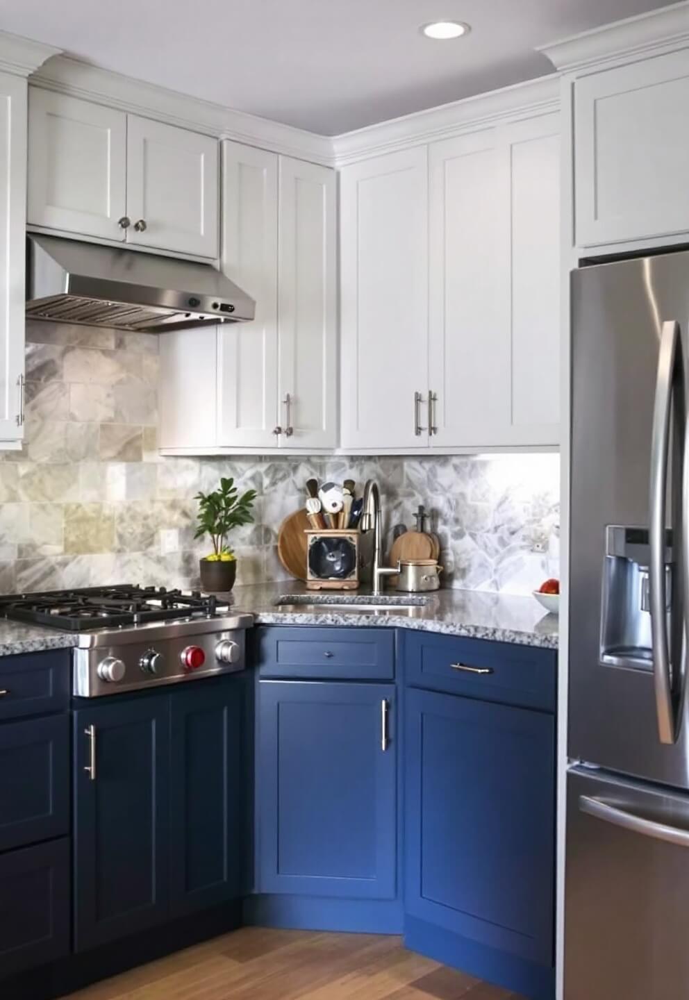 Aerial view of a kitchen at midday showcasing a triangle workflow between range, sink, and refrigerator, with navy and white cabinets and grey stone backsplash.