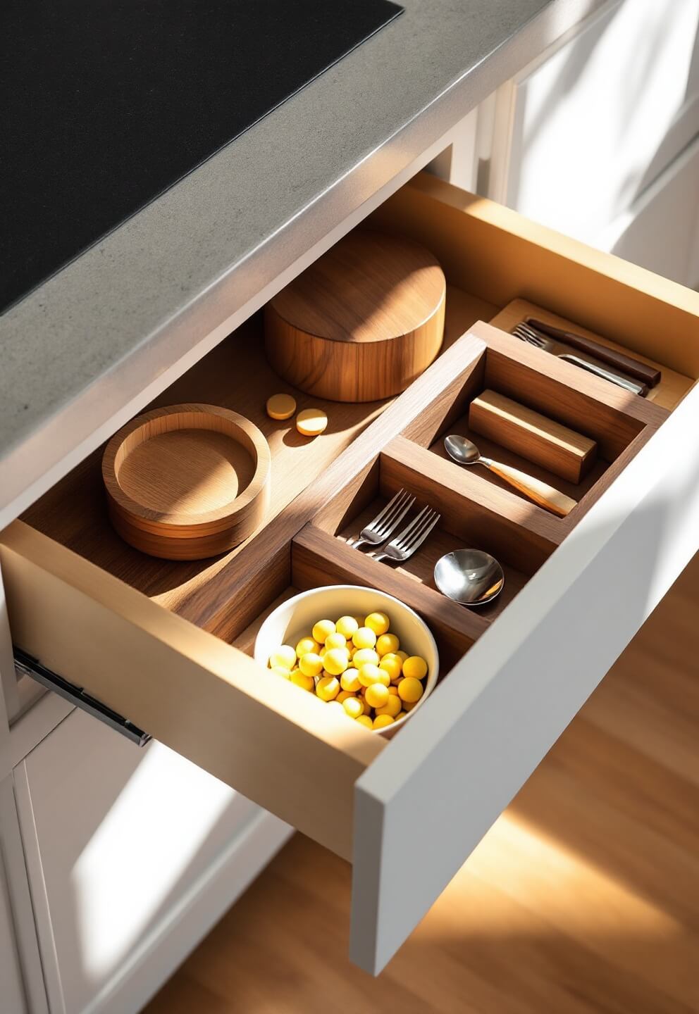 Overhead view of an open deep drawer with custom walnut organizers in a minimalist kitchen with white cabinets, illuminated by afternoon side light highlighting wood texture