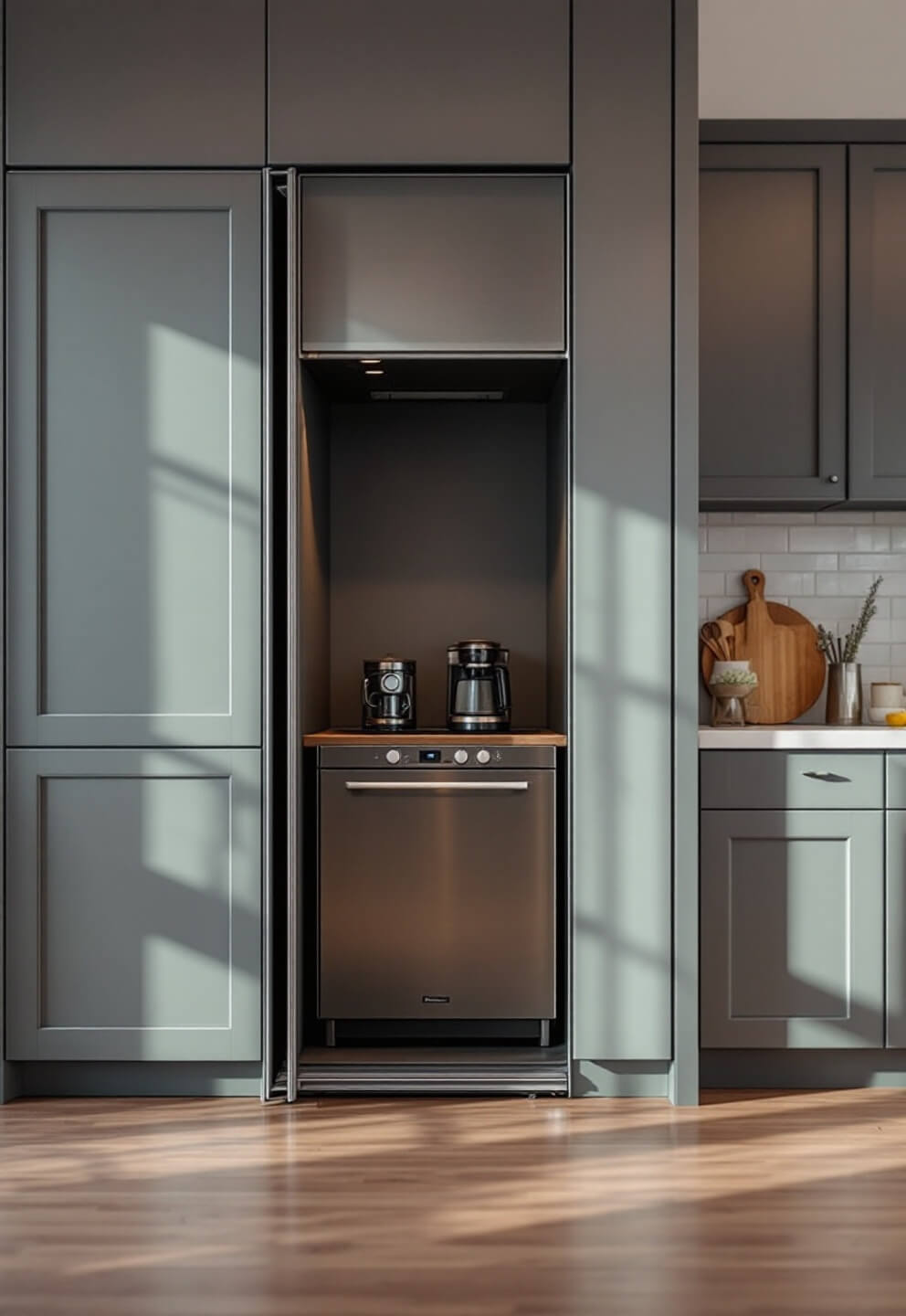 Close-up of a clean appliance garage with a retractable door, featuring a brushed steel coffee station, surrounded by warm grey cabinets with detailed hardware, under natural side lighting.