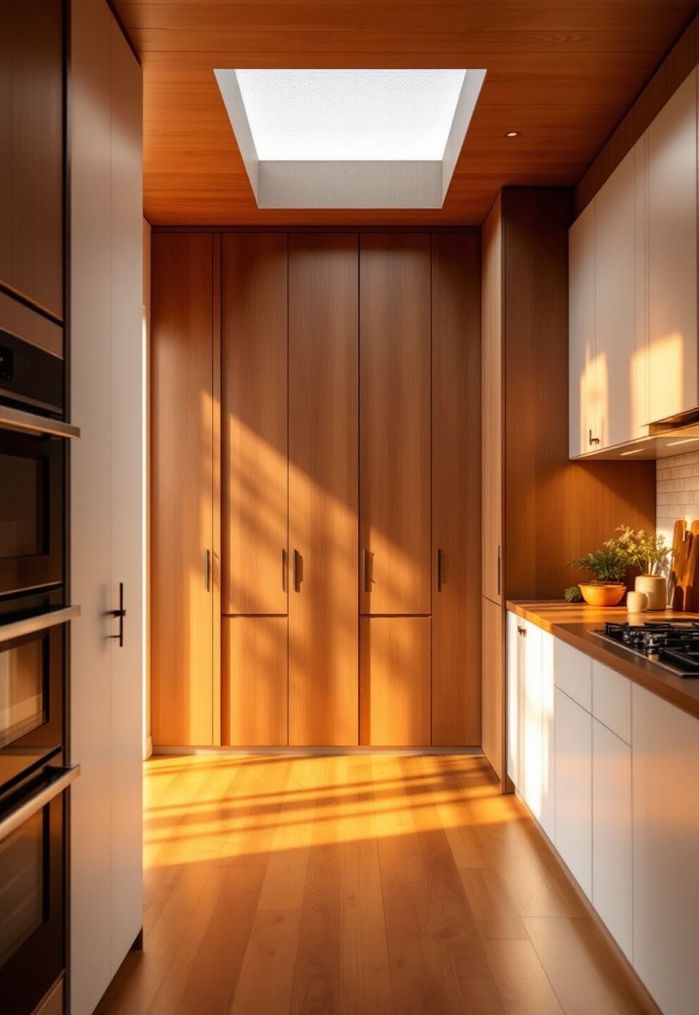 Warm sunset light streaming through skylight in kitchen with floor-to-ceiling pantry wall and white cabinetry