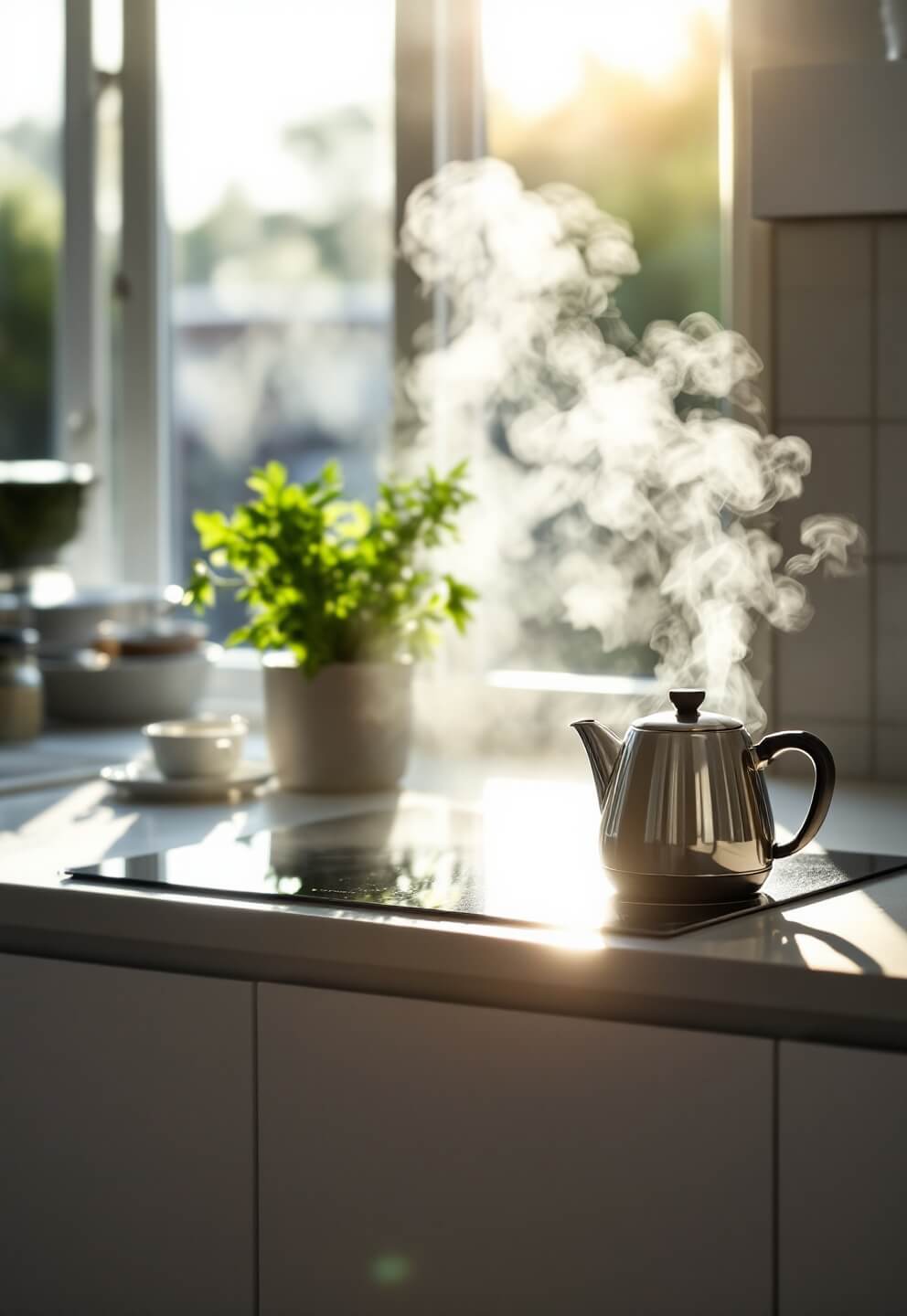 Early morning kitchen with steam rising from kettle on induction cooktop, white clean surfaces reflecting cool light, and a single green herb plant, shot at f/2 with natural backlight from windows.