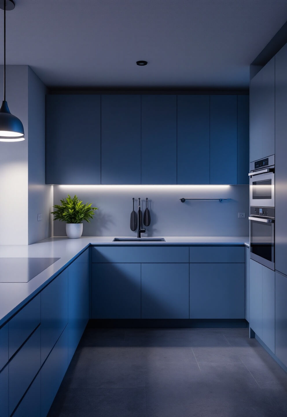 Minimalist kitchen at dusk with empty countertops, seamless cabinets, single pendant light casting dramatic shadows, photographed from a low angle with spot lighting in cool blue tones.