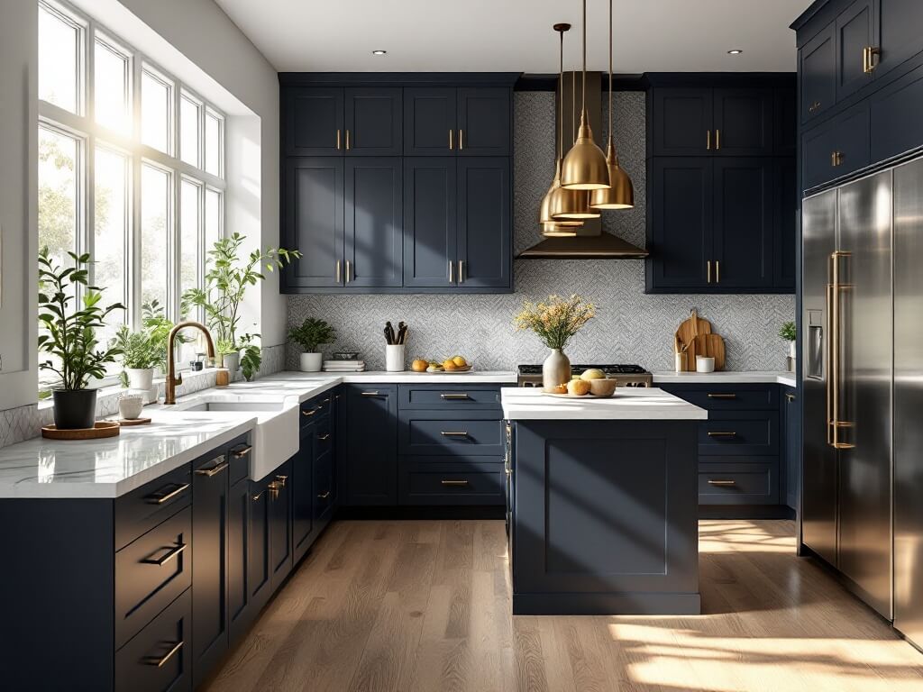 Modern kitchen with navy blue cabinets, white marble countertops, brass pendant lights over a 6ft island, stormy gray tile backsplash, and natural white oak flooring illuminated by late afternoon sunlight through floor-to-ceiling windows.