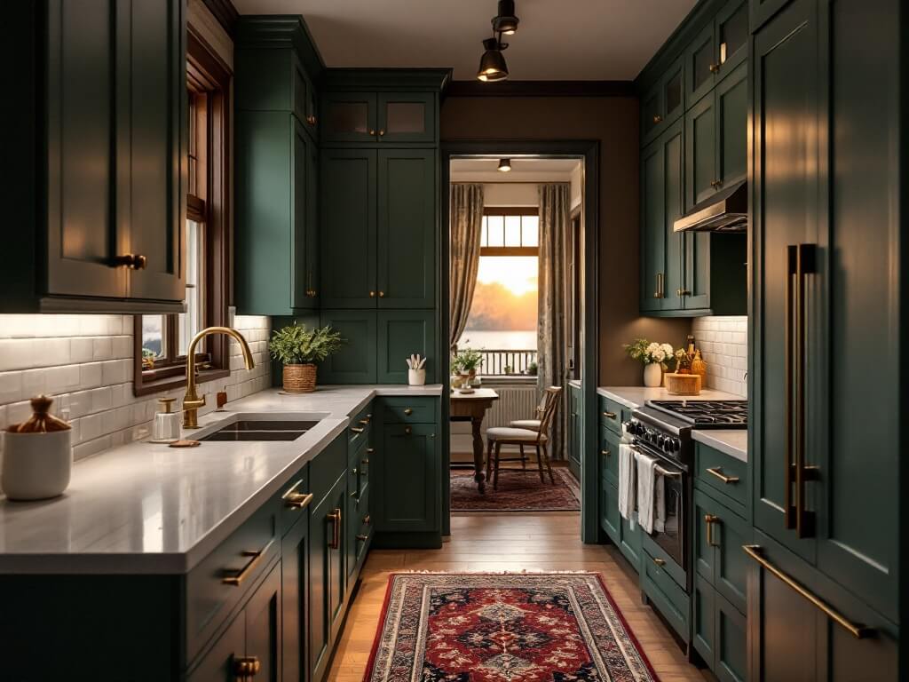 Photorealistic image of a cozy galley kitchen with forest green cabinets, soapstone counters, vintage Persian runner, white subway tile backsplash, and warm lighting at golden hour.