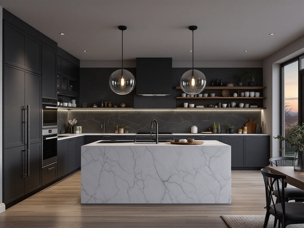 Sophisticated, photorealistic image of a 15x18ft L-shaped kitchen featuring charcoal gray cabinets, integrated appliances, a waterfall quartz island in pure white, walnut open shelving with ceramics, a textured slate backsplash, and oversized black iron and glass pendant lights casting moody lighting, viewed from the dining area.