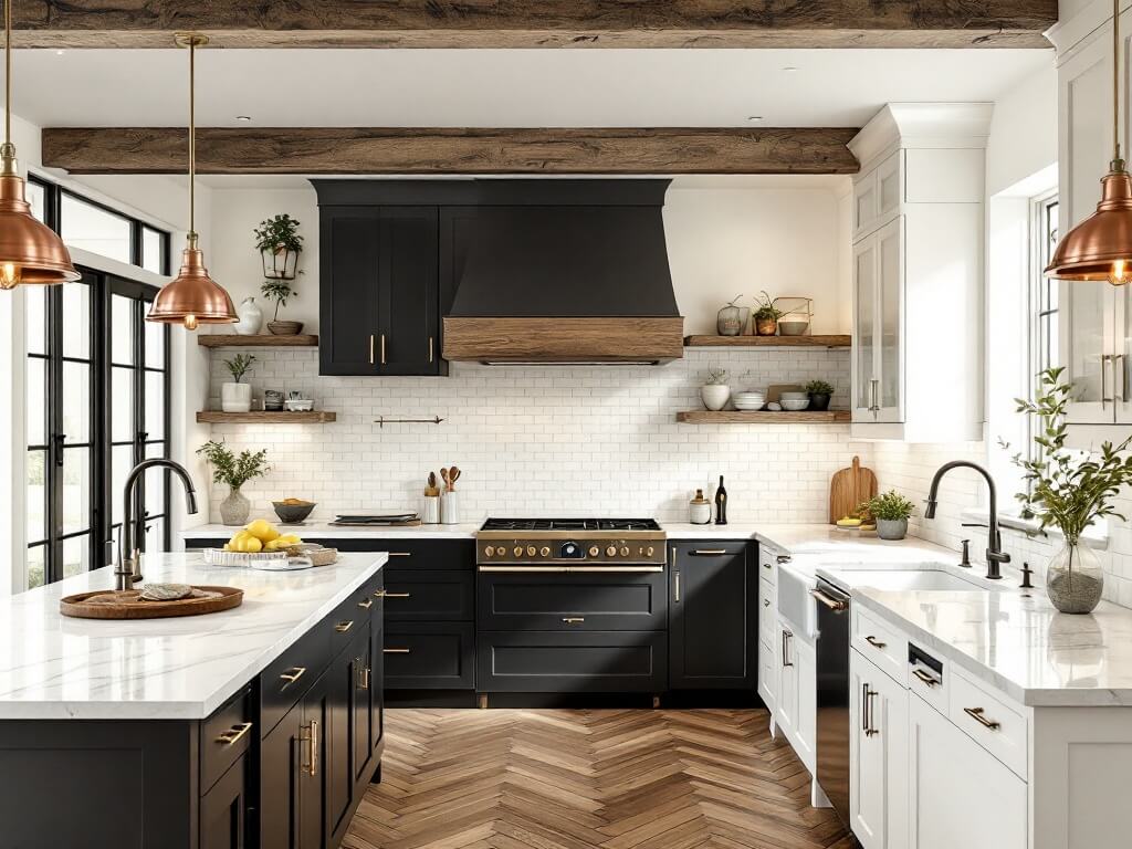 Modern farmhouse kitchen with cream upper cabinets, black lower cabinets, marble counters, reclaimed wooden beams, copper pendant lights, and herringbone wood floors captured in early morning light