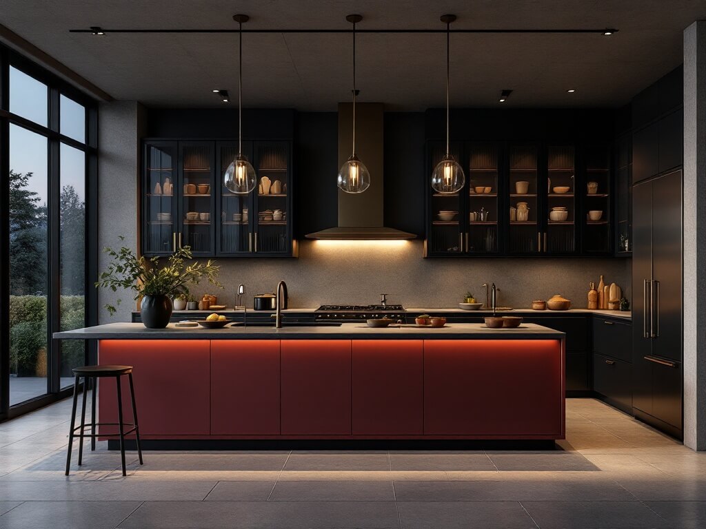 Contemporary open-concept kitchen with deep burgundy island and graphite cabinets, brushed bronze fixtures, fluted glass cabinets with interior lighting, and large warm grey porcelain tile flooring, captured in moody twilight lighting from an elevated view.