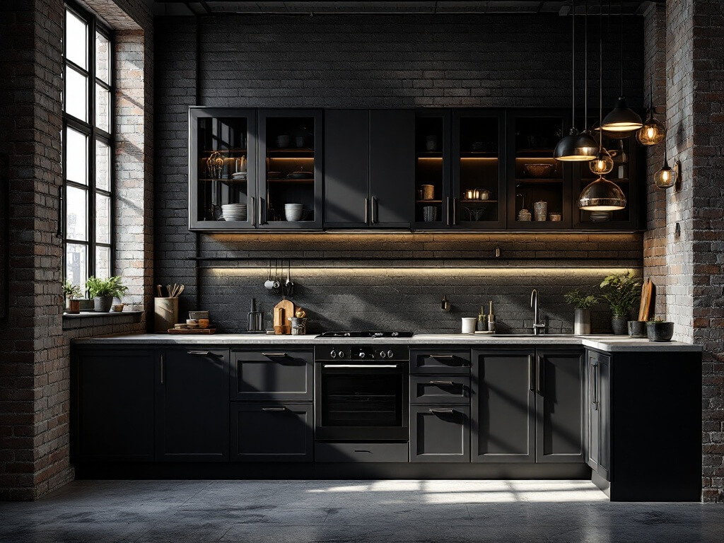 Photorealistic view of an edgy urban loft kitchen with matte black steel-framed cabinets, concrete countertops, and dark charcoal painted brick wall under dramatic mixed metal pendant lighting