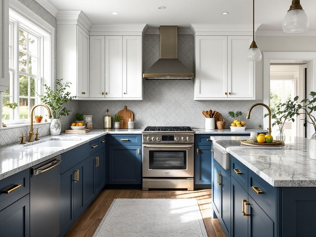 Transitional kitchen with navy lower and white upper cabinets, leathered granite counters, brass fixtures, and a grey geometric cement tile backsplash, bathed in morning light from the window.