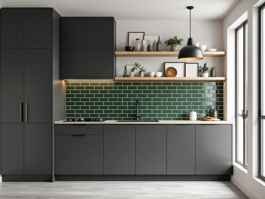 Photorealistic image of compact 10x12ft modern kitchen with floor-to-ceiling charcoal cabinets, bleached oak open shelves, and deep green subway tiles, highlighted by clean lighting and minimalist black pendant lights over the peninsula, taken from a corner for maximum depth perception.