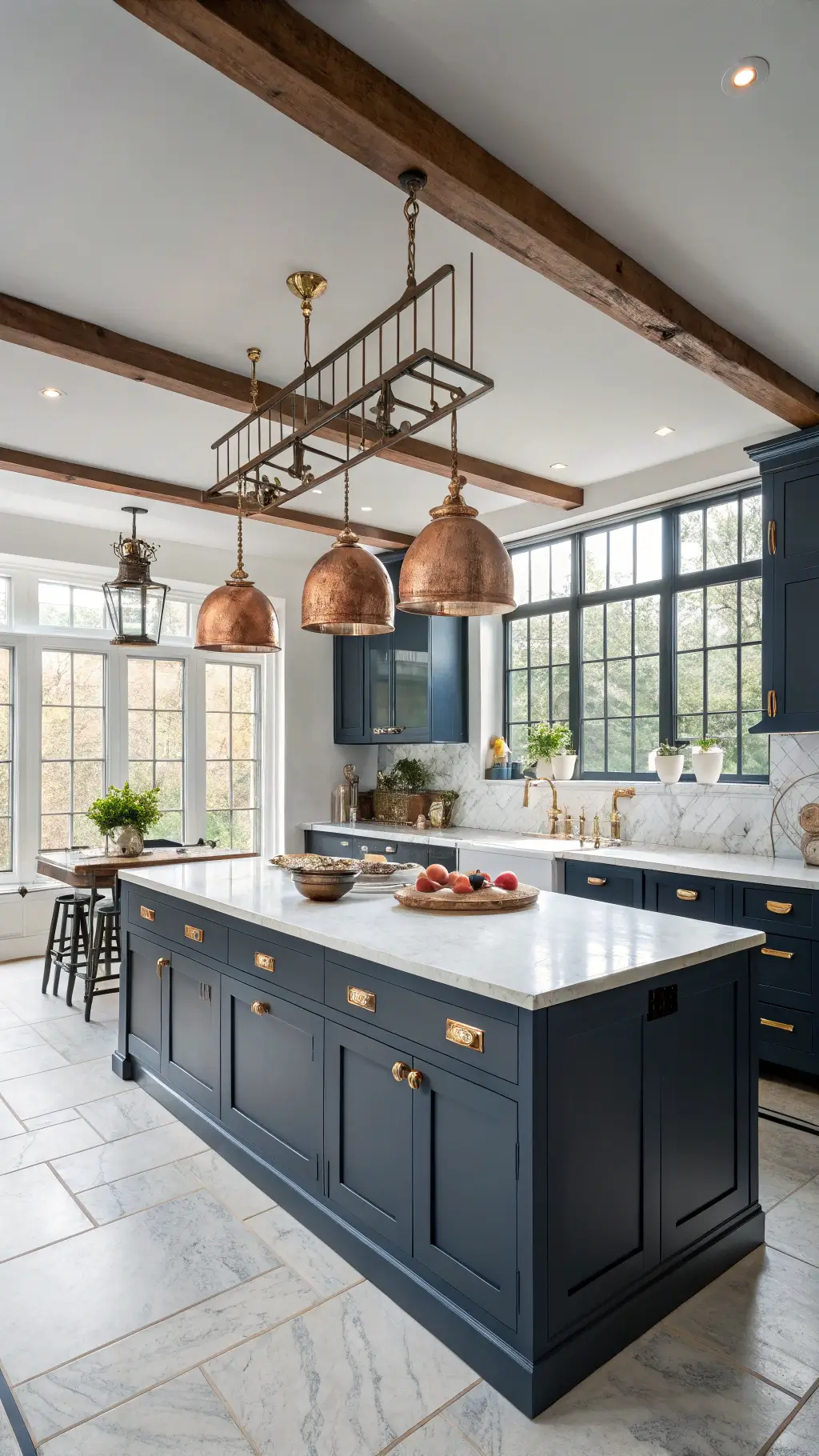 Luxurious 12x15ft kitchen with golden hour light streaming through industrial windows, hale navy cabinets, brass hardware, Carrara marble countertops, vintage copper pots hanging, central island with barstools and modern brass pendants, highlighting sophisticated industrial luxury.