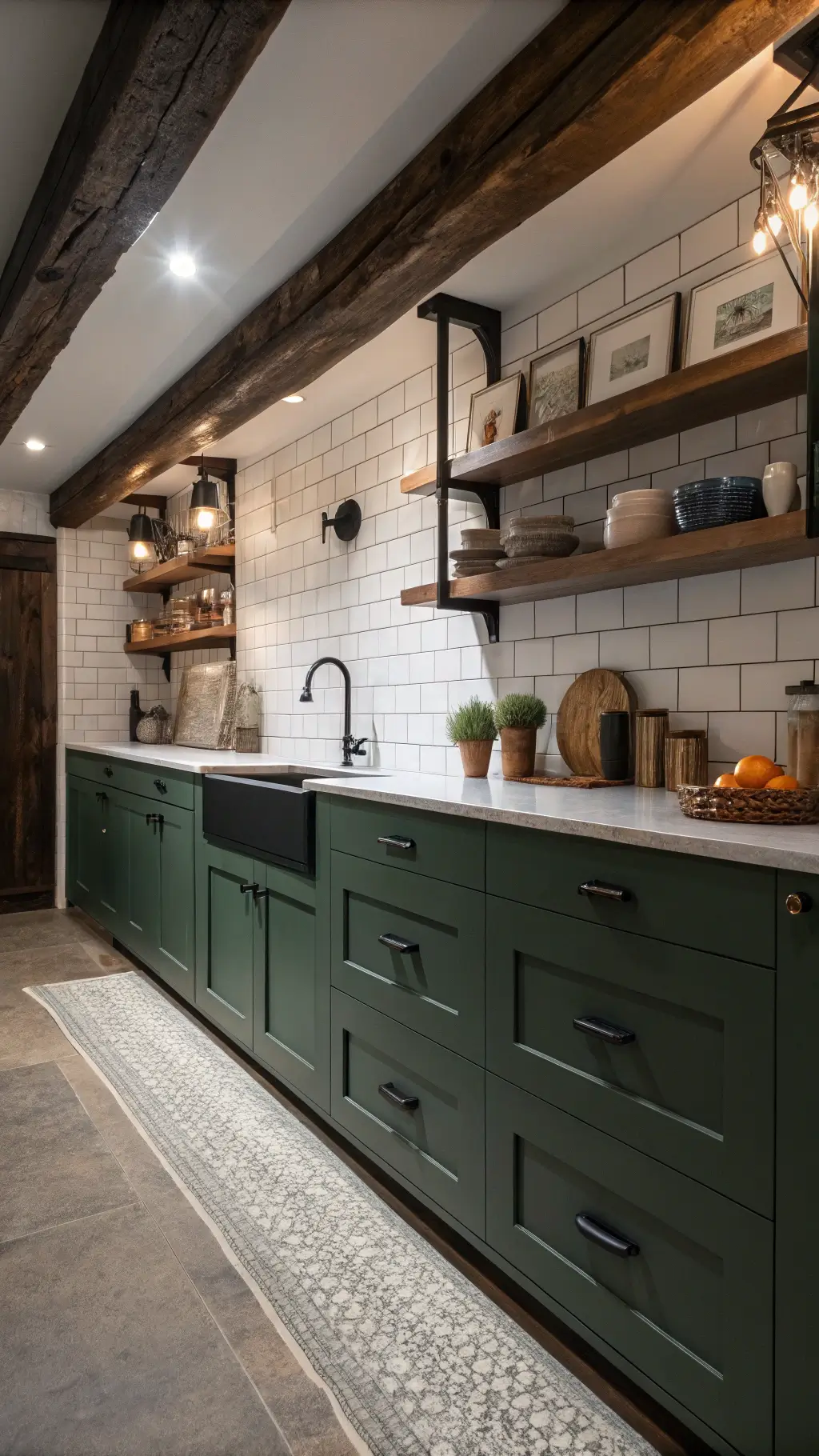 Moody European bistro-inspired galley kitchen with forest green cabinets, matte black pulls, white tile backsplash, rustic wooden beams, dramatic under-cabinet lighting, and earth-toned ceramic vessels on open shelving, shot at dusk.