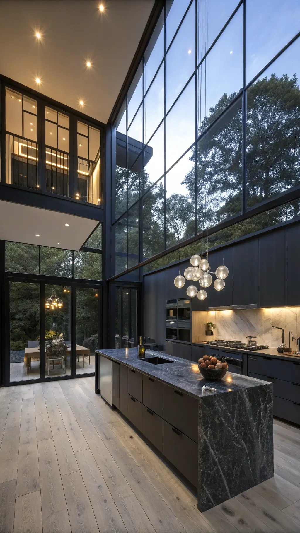 Contemporary gothic kitchen with charcoal cabinets, black marble island, and floor-to-ceiling windows at twilight