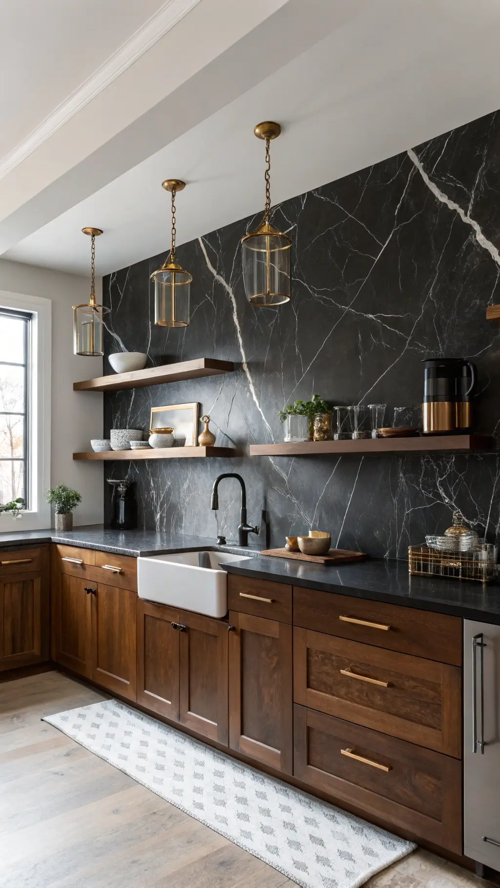 Low-angle view of a corner kitchen with matte black cabinets, floating walnut shelves, brass fixtures and black marble backsplash bathed in morning light from a skylight