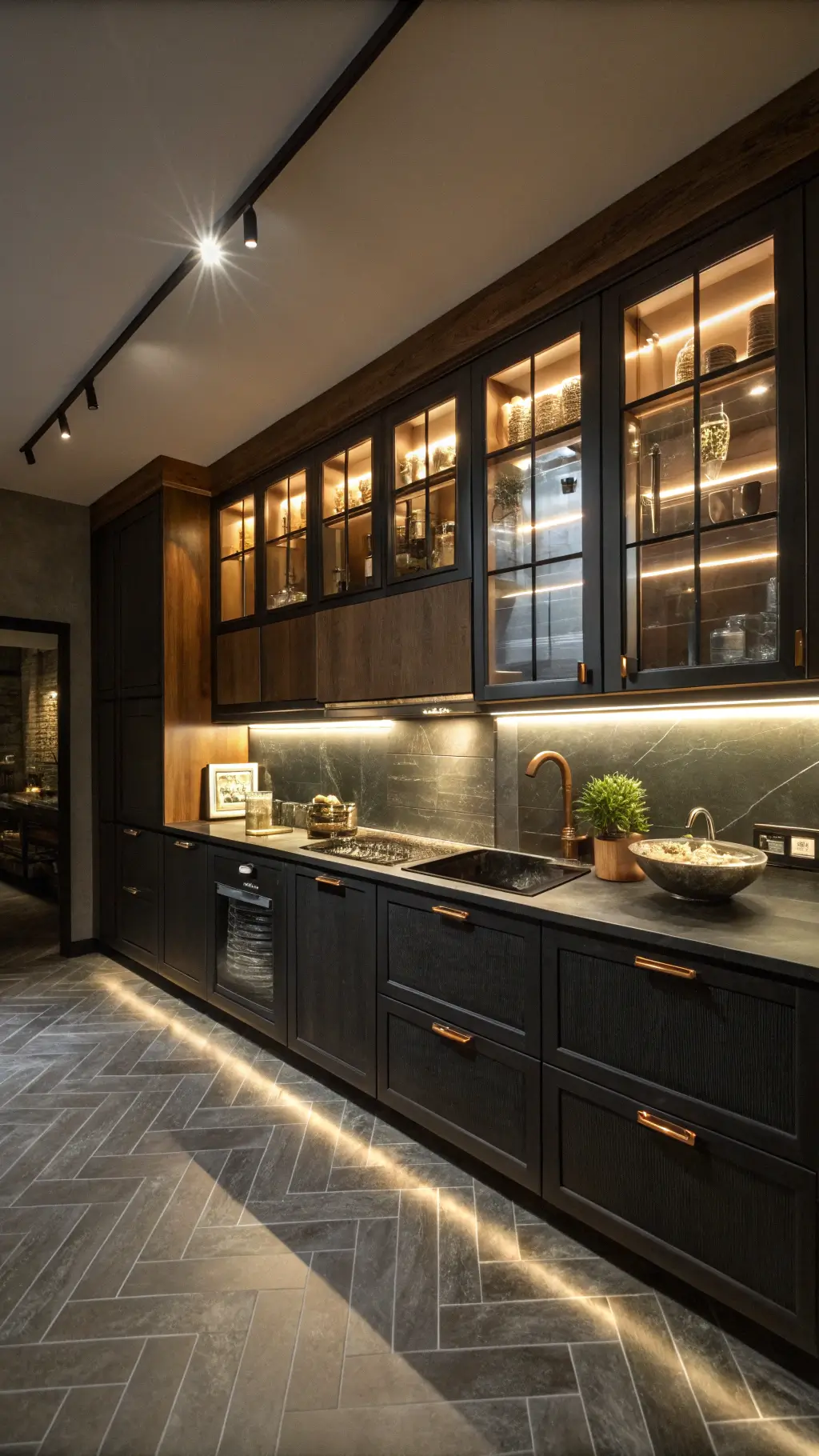 Compact chef's kitchen with dark walnut cabinets and integrated lighting, black soapstone counters with copper accents, upper glass-front cabinets illuminated and herringbone slate flooring, spotlighting work zones.