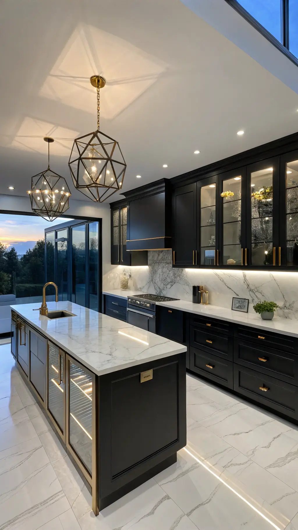 Luxe minimalist L-shaped kitchen with black floor-to-ceiling cabinets, illuminated glass uppers, white quartzite countertops, and gold fixtures during blue hour, viewed from entrance