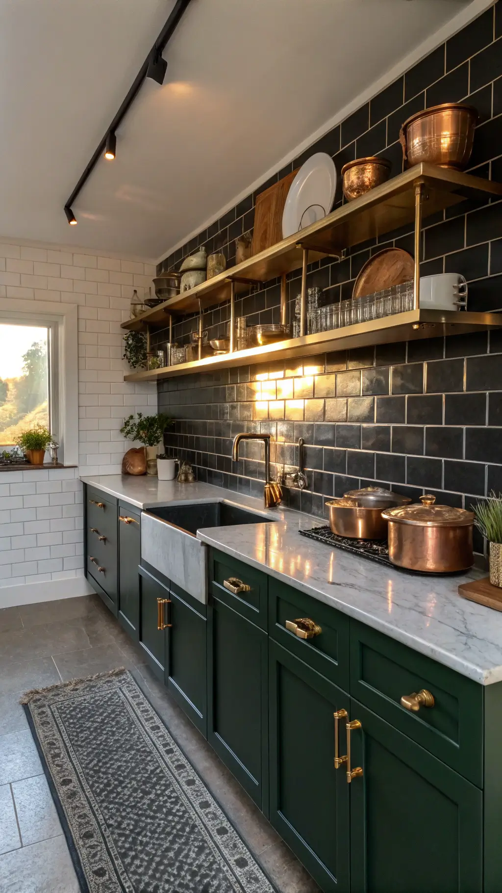 Sunrise view of a vintage-modern galley kitchen with dark green cabinets, brass-framed open shelving and glossy black subway tiles; illuminated by under-cabinet lighting and the natural golden hour light.