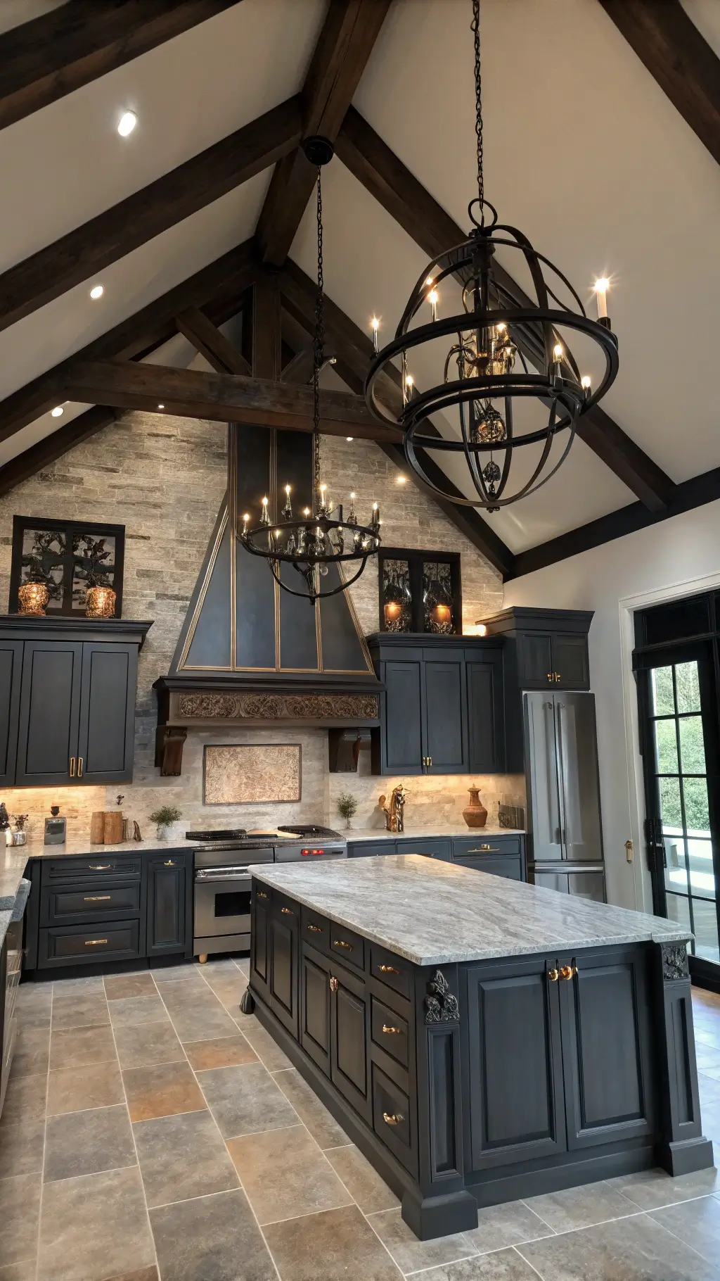 Stunning cathedral ceiling kitchen at sunset with black beams, charcoal cabinets, dramatic marble hood, mixed metals, and oversized black iron chandelier in a medieval-modern fusion.