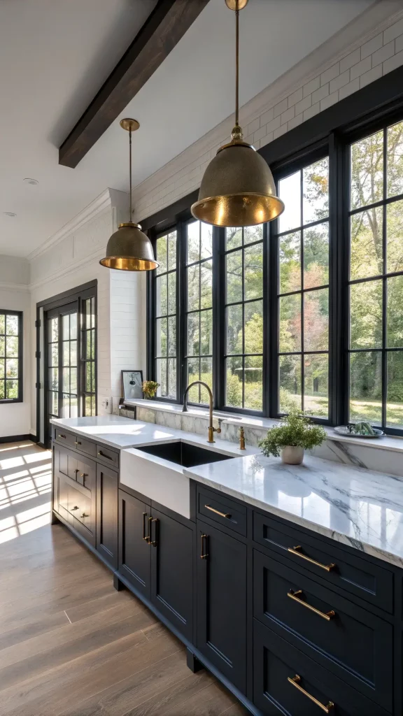 "Modern kitchen with navy cabinets, granite countertops, brass accents, and marbled backsplash, bathed in a mix of dramatic afternoon light and warm under-cabinet lighting."