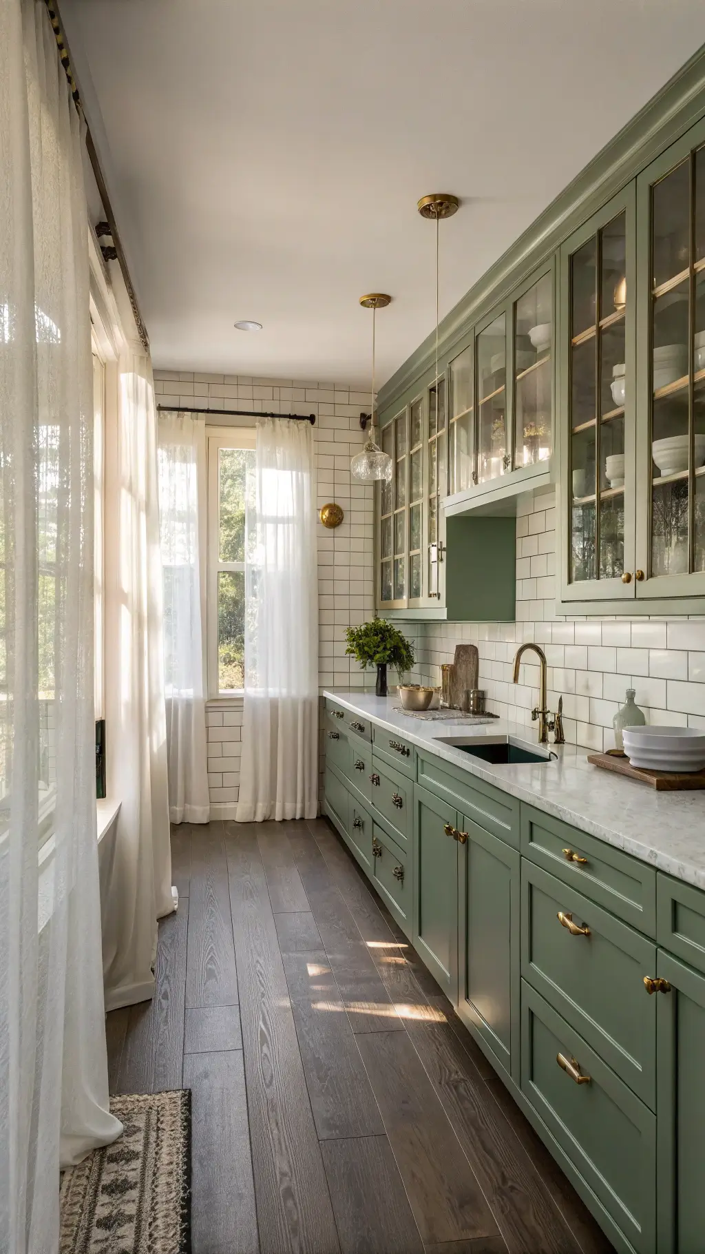 Expansive 20x25ft L-shaped kitchen with green cabinetry, weathered oak floors, vintage-style glass-front cabinets displaying white ceramics, and black subway tile backsplash in early morning light.