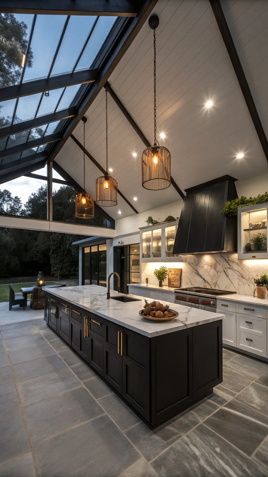 Contemporary kitchen with vaulted ceiling, matte black cabinets, white shelving and black marble island with copper pendant lights, illuminated by dim LED lights.