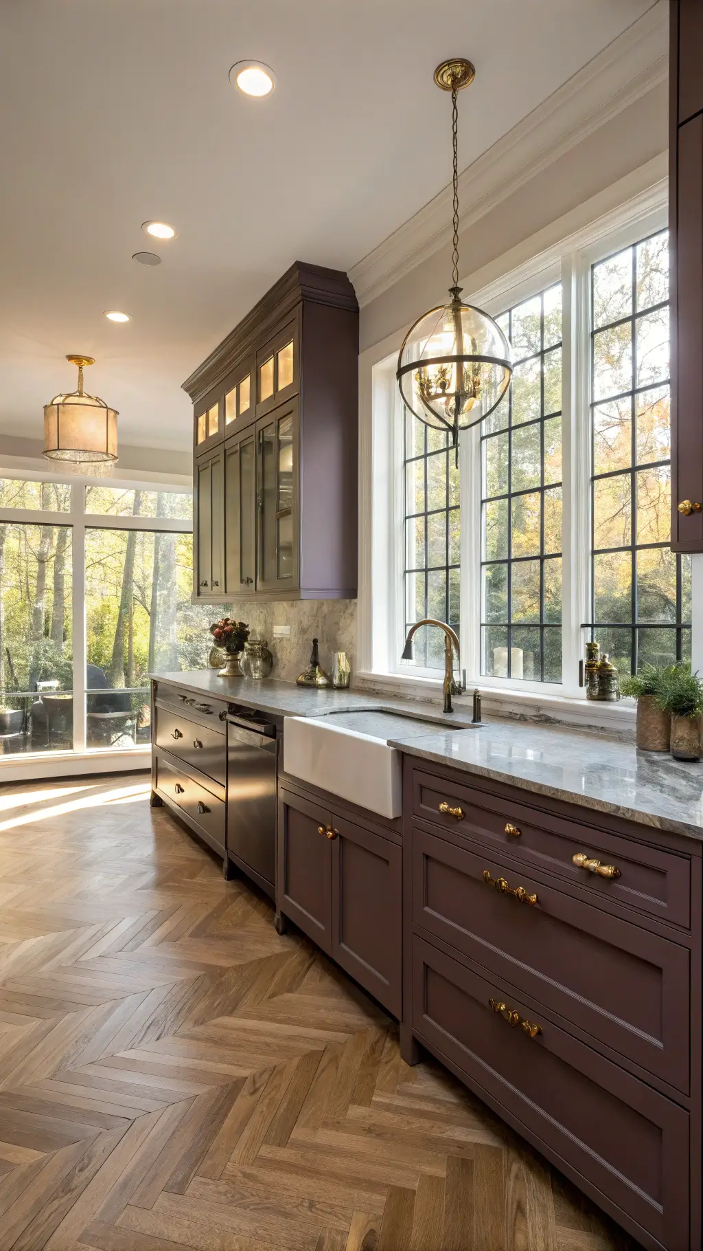 Elegant transitional kitchen with sunlight streaming through large windows, highlighting the plum cabinets with crystal knobs, black granite countertops, white marble island, brass fixtures and herringbone wood floors.