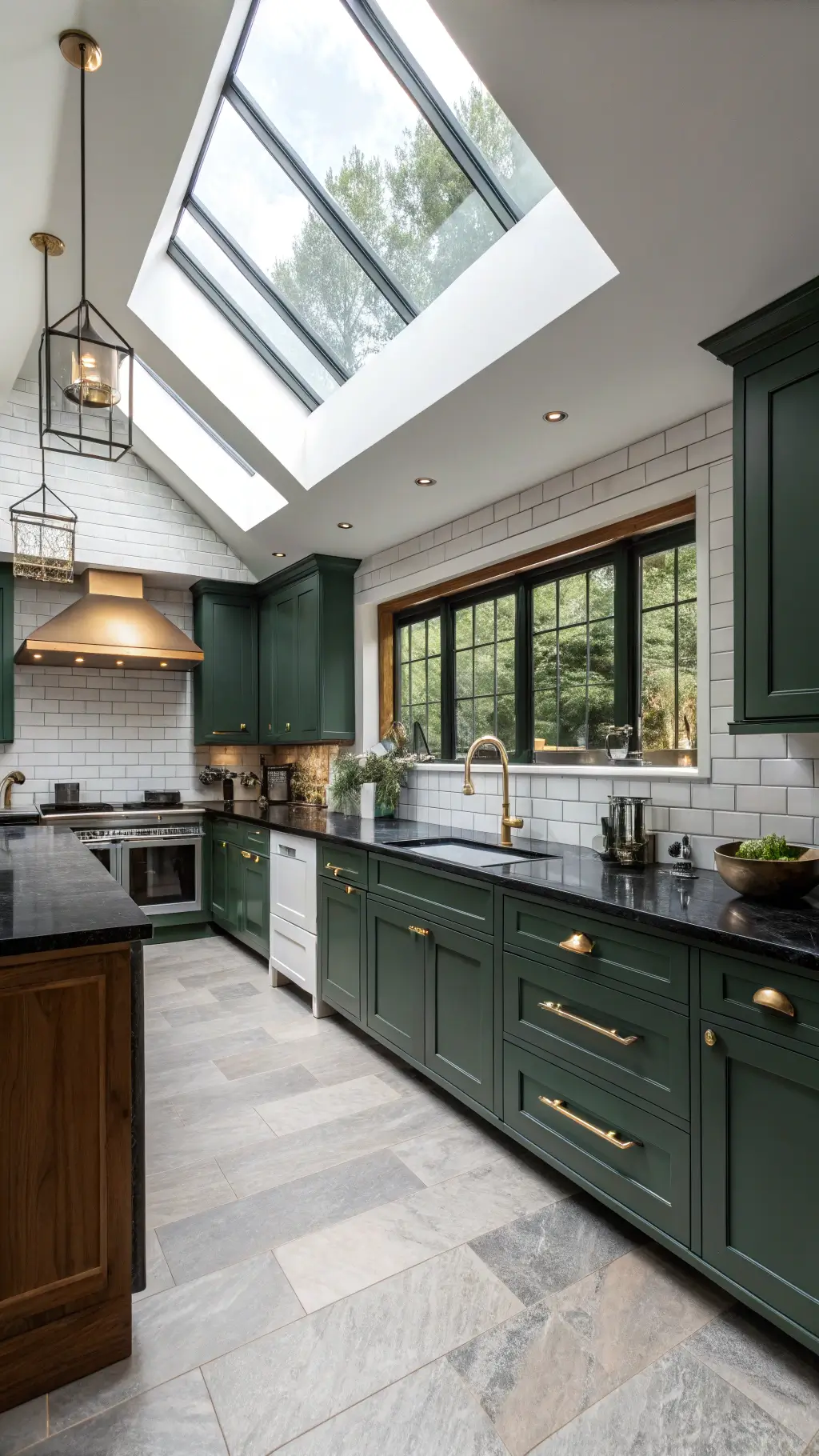 Bright, contemporary open-concept kitchen with dark green cabinets, black granite counters, brass faucets, and a whitewashed brick backsplash, seen from above in a wide-angle, high-key natural lighting.