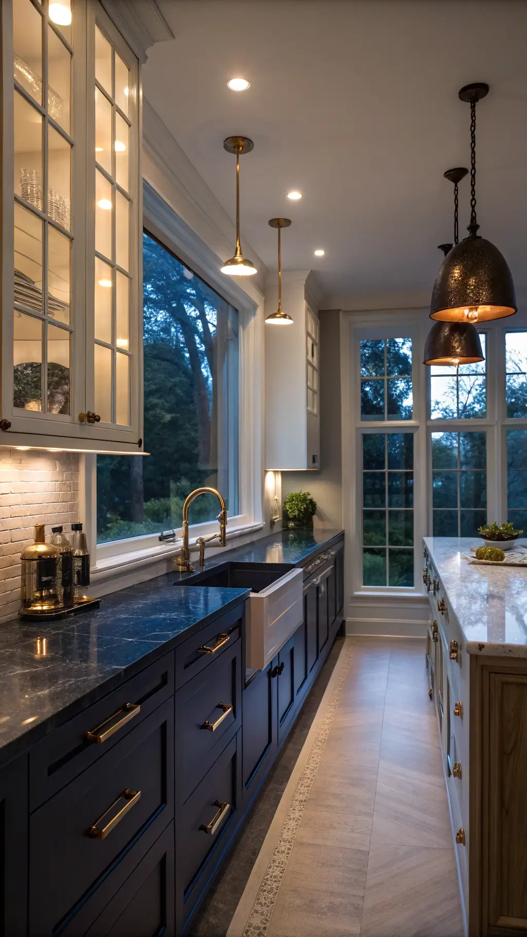 Twilight blue hour lighting illuminating a 12x20ft galley kitchen featuring navy lower cabinets with brass inlays, white upper cabinets with glass fronts, black soapstone counters with integrated sink, and vintage copper pendant lights creating a warm, luxurious atmosphere.