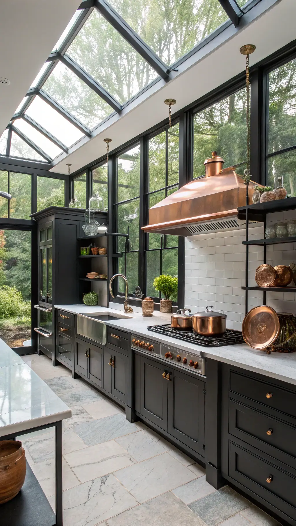 Chef's perspective of a large kitchen with charcoal black cabinetry, walnut accents, professional-grade stainless appliances, white quartzite counters, and industrial-style black metal shelving displaying copper cookware, bathed in morning light from greenhouse-style windows.