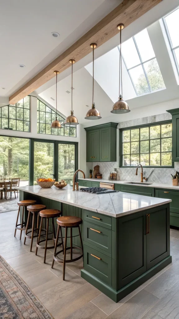 "Spacious kitchen with morning light streaming through floor-to-ceiling windows, forest green Shaker-style cabinets, honed marble countertops, brass hardware, pendant lights, and a large island with bar stools; featuring ceramic vessels and copper cookware for a sophisticated yet welcoming ambiance."