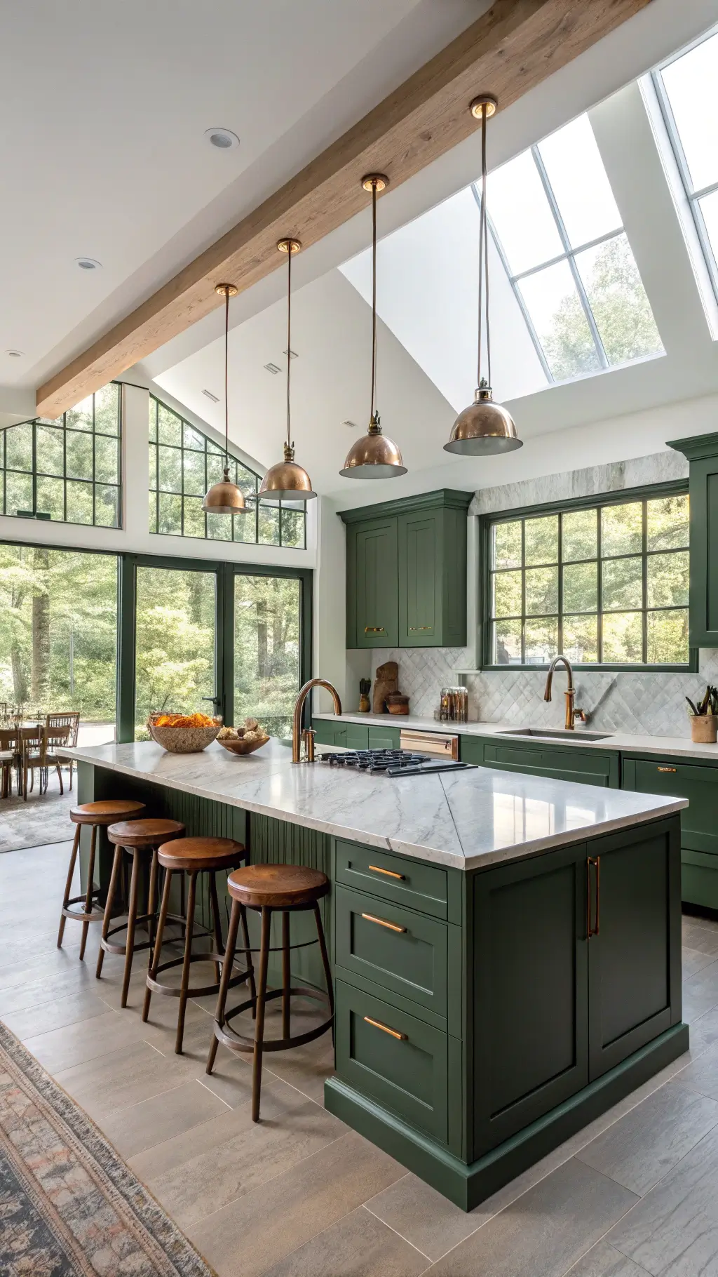 Spacious kitchen with morning light streaming through floor-to-ceiling windows, forest green Shaker-style cabinets, honed marble countertops, brass hardware, pendant lights, and a large island with bar stools; featuring ceramic vessels and copper cookware for a sophisticated yet welcoming ambiance.