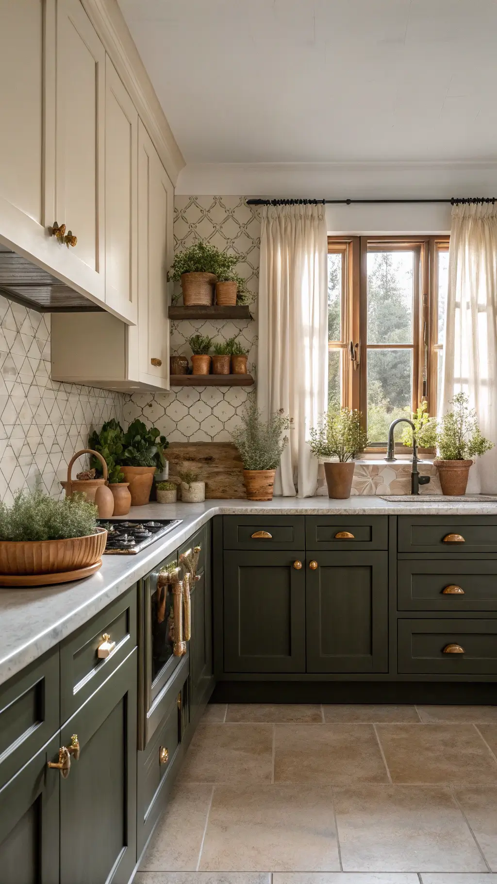 Intimate kitchen with contrasting olive and cream cabinets, ivory zellige tile backsplash, natural light filtering through linen curtains and terracotta pots with fresh herbs