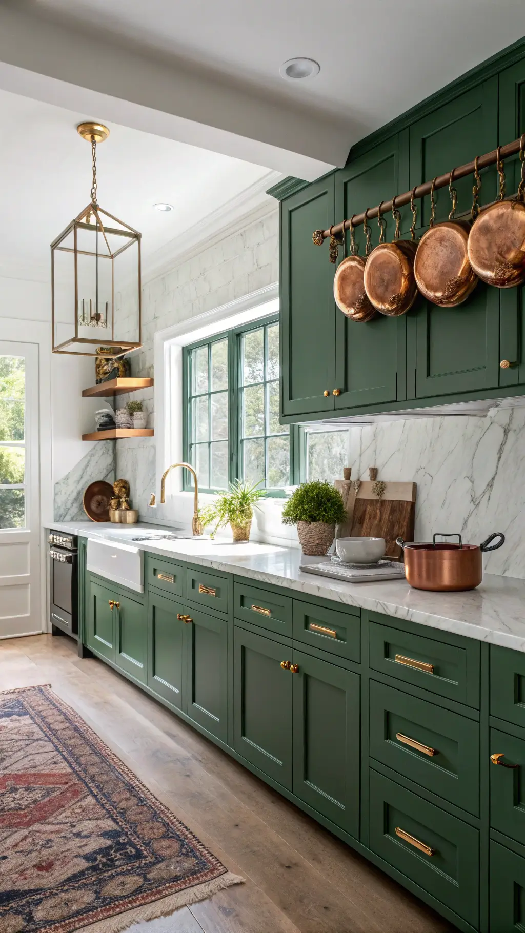 Luxurious yet lived-in kitchen with emerald green cabinetry, brass hardware, white Carrara marble counters and backsplash, hanging copper pots, and a vintage kilim runner in warm afternoon light.