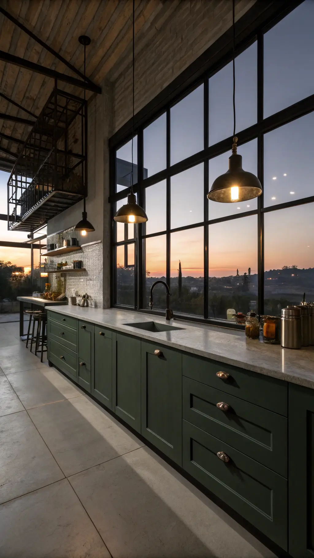 Dramatic dusk image of a bottle green, modern industrial kitchen with steel-framed windows, concrete countertops, tall cabinets with matte black hardware, Edison bulb pendants, and reclaimed wood open shelving displaying black stoneware collection.