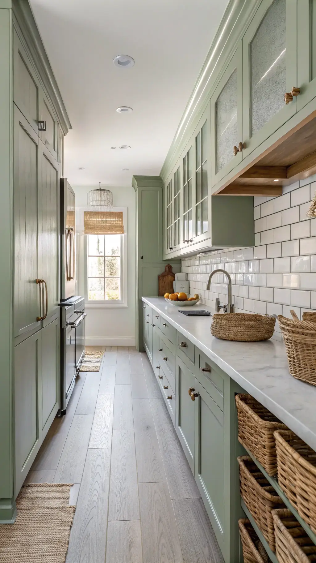 Sage green galley kitchen with beadboard cabinets, marble subway tile backsplash, brushed nickel hardware, woven baskets, wooden cutting boards, and white oak flooring in soft morning light