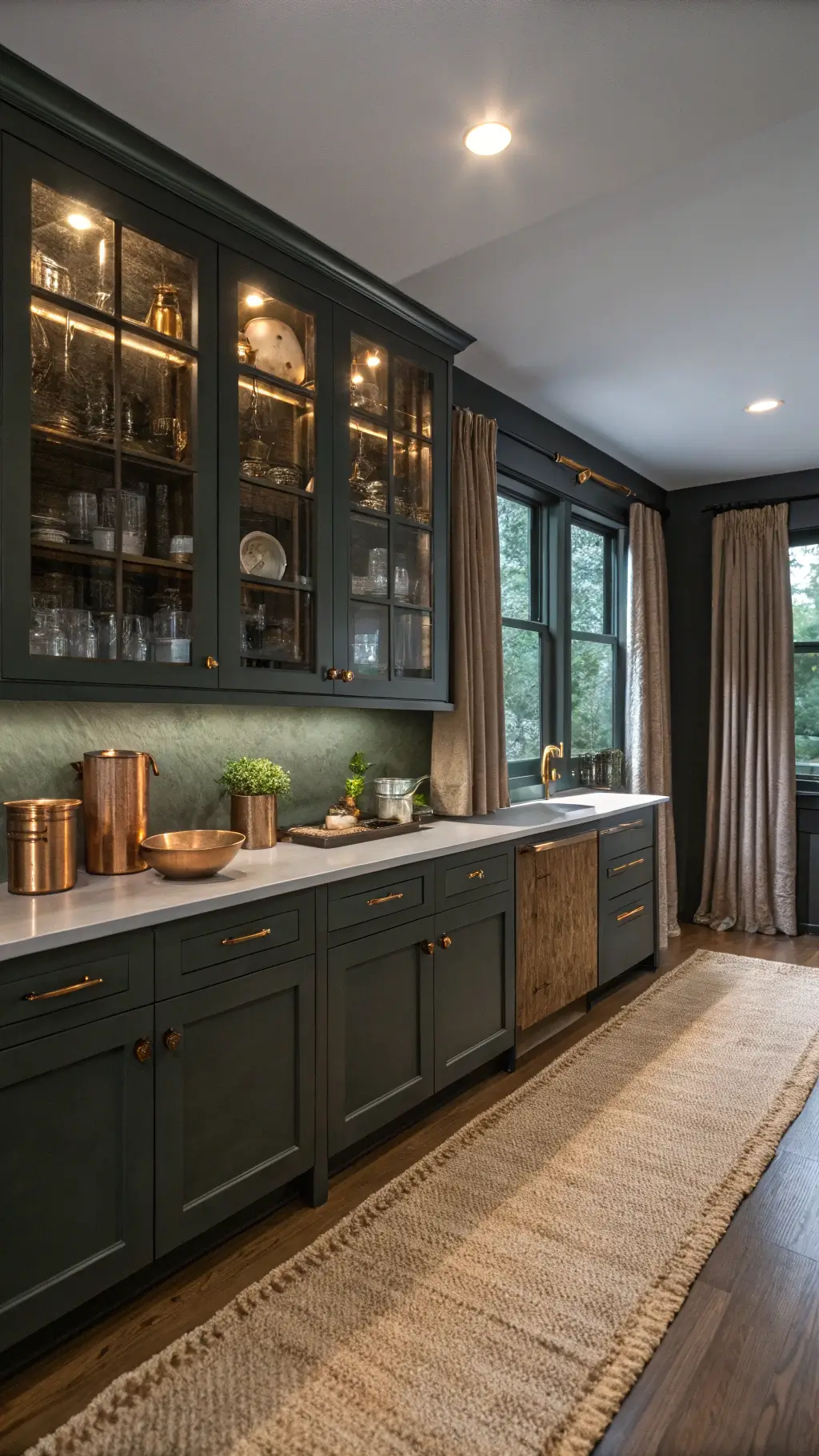 Interior shot of dark olive kitchen with glass-front cabinets filled with vintage brass vessels, soapstone counters, jute rug, and cafe curtains at blue hour