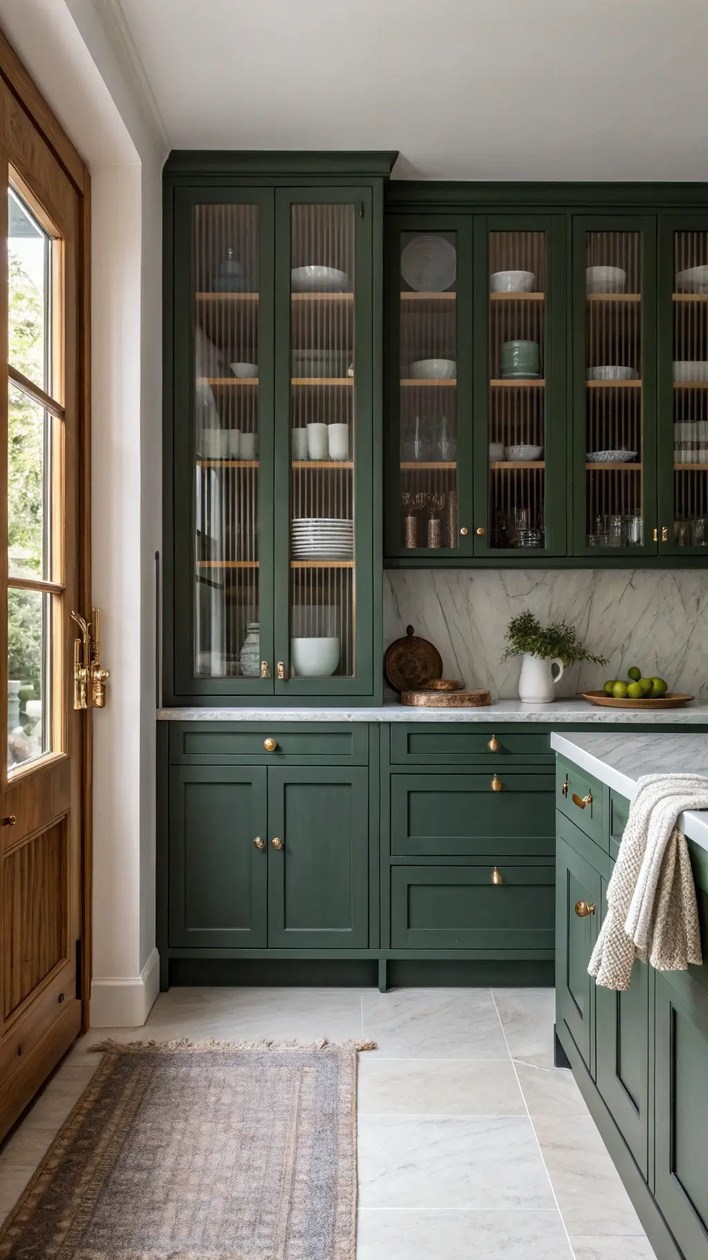 Elegant kitchen with forest green cabinets, reeded glass inserts, unlacquered brass hardware, a Calacatta marble island, and soft ceramic and linen accents in mid-morning light.