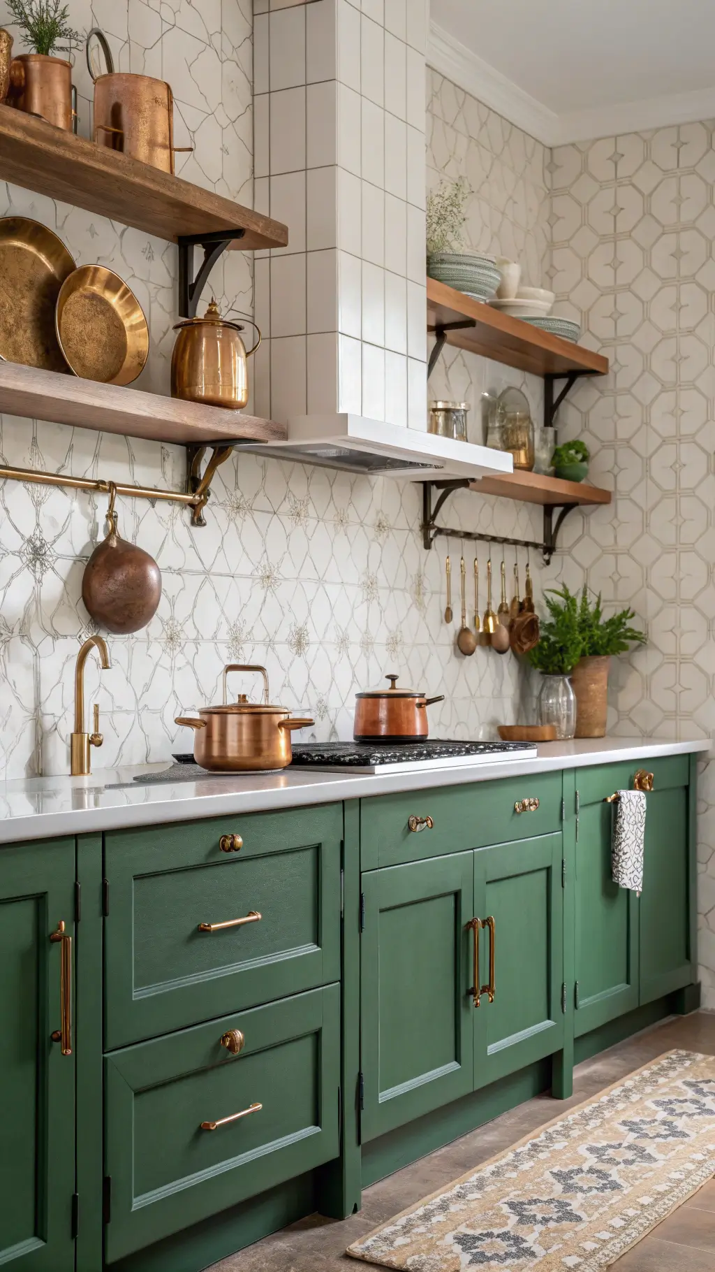 Artisanal kitchen with emerald lower cabinets, cream upper shelves, and handmade ceramic tiles backsplash in afternoon glow, detailed with copper pots, brass fixtures and vintage runner.