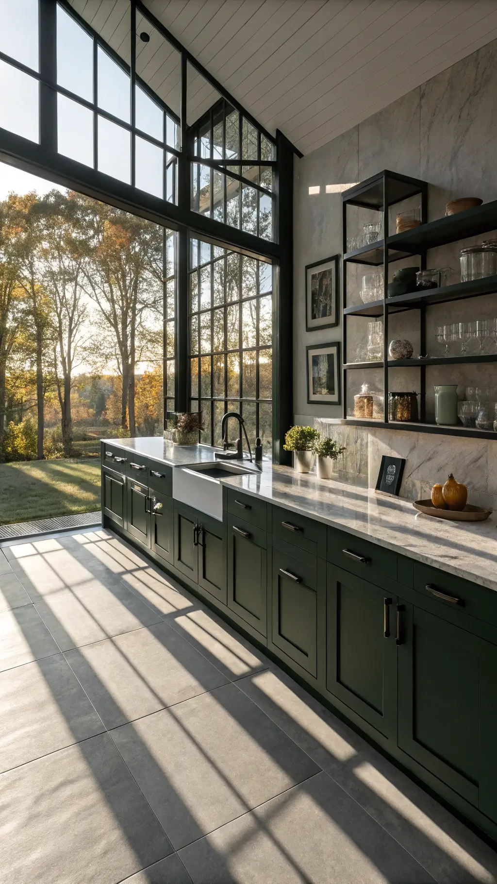 Sunrise illuminating a bottle green kitchen with steel-framed windows, honed granite counters, matte black hardware, open shelving displaying ironstone collection, shot from above.