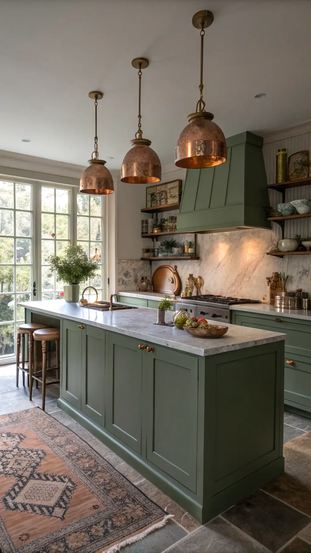 Cozy sage green kitchen in the evening with brass pendants, marble island, copper cookware, natural fiber roman shades, and antique rugs.