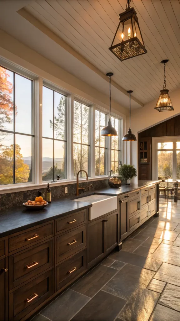 "Dramatic kitchen with 'Wrought Iron' painted walls, deep espresso oak cabinets with copper pulls, black granite countertops under aged brass pendant lights, illuminated by golden hour light through west-facing windows, shot from a low corner angle."