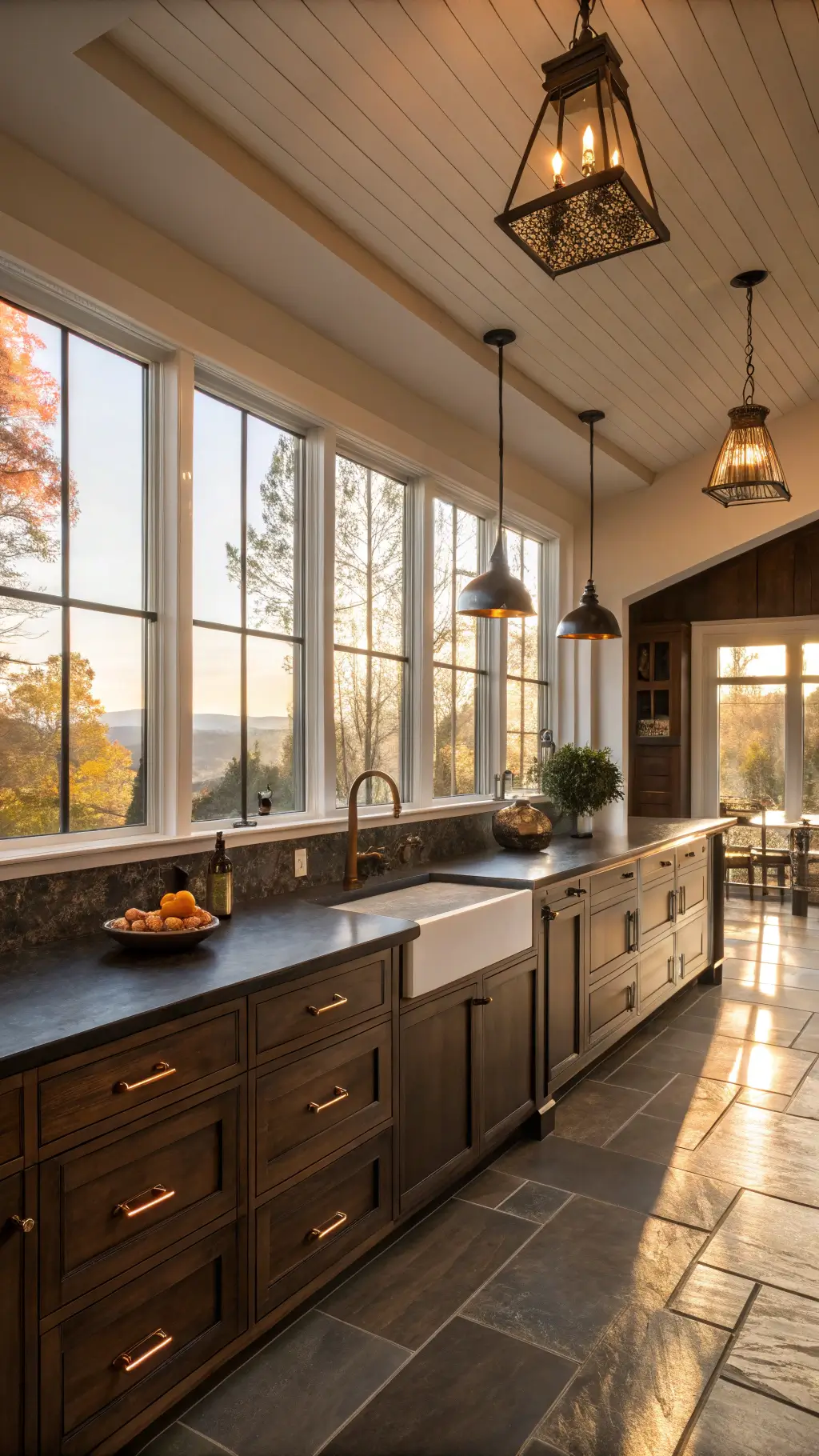 Dramatic kitchen with 'Wrought Iron' painted walls, deep espresso oak cabinets with copper pulls, black granite countertops under aged brass pendant lights, illuminated by golden hour light through west-facing windows, shot from a low corner angle.