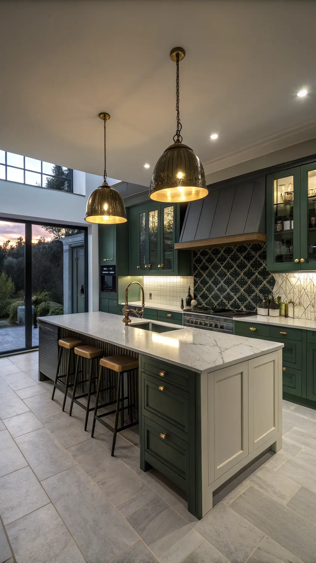 Modern L-shaped kitchen painted in Farrow & Ball 'Studio Green' with zellige tile backsplash in charcoal, featuring oversized brass pendants above a waterfall island, under-cabinet lighting and 10ft ceilings, photographed at dusk using a wide-angle 24mm lens.