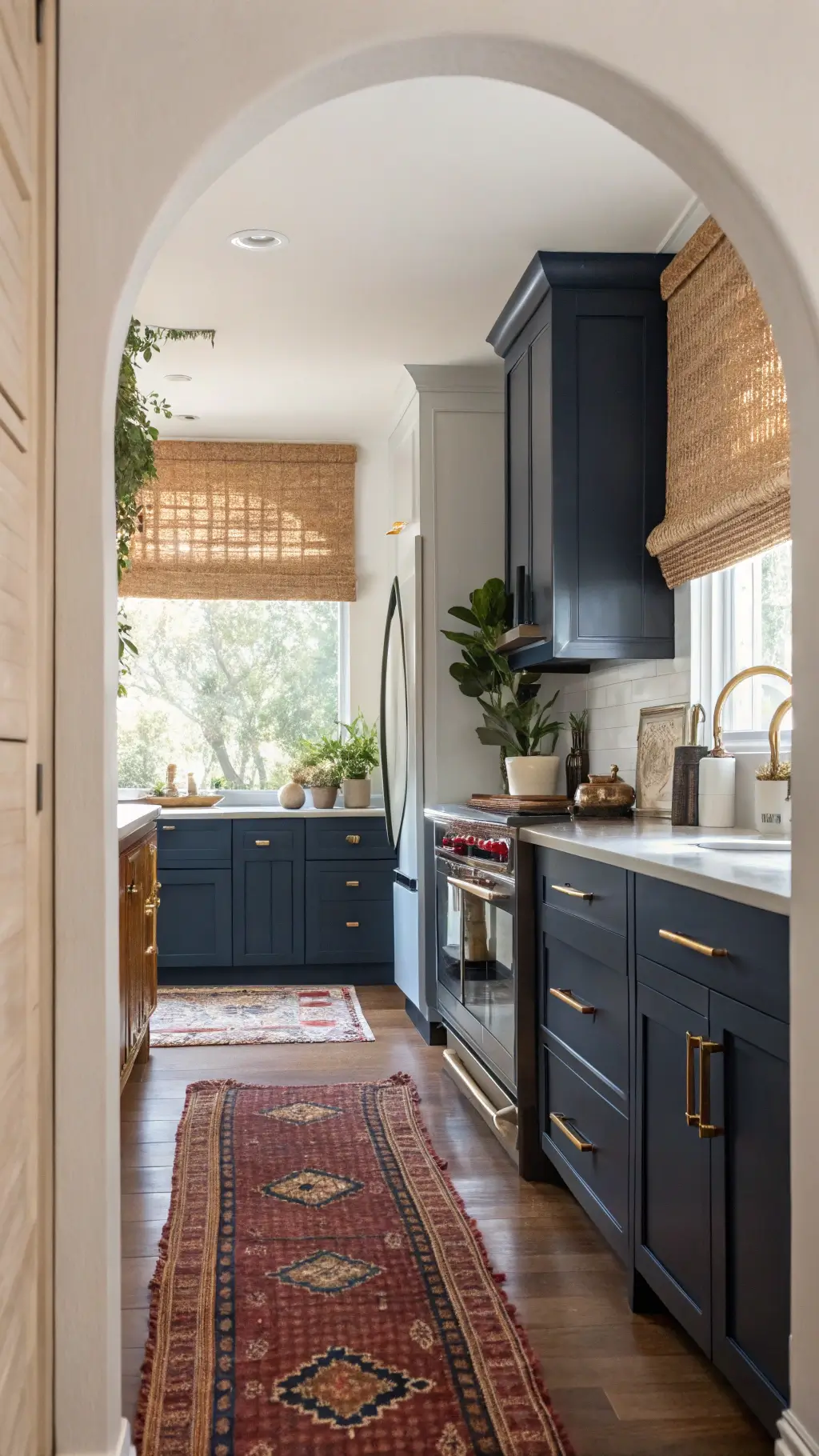 Morning kitchen scene with navy blue cabinets, brushed gold hardware, vintage Turkish runner and a copper-potted fiddle leaf fig with natural light filtering through woven Roman shades.