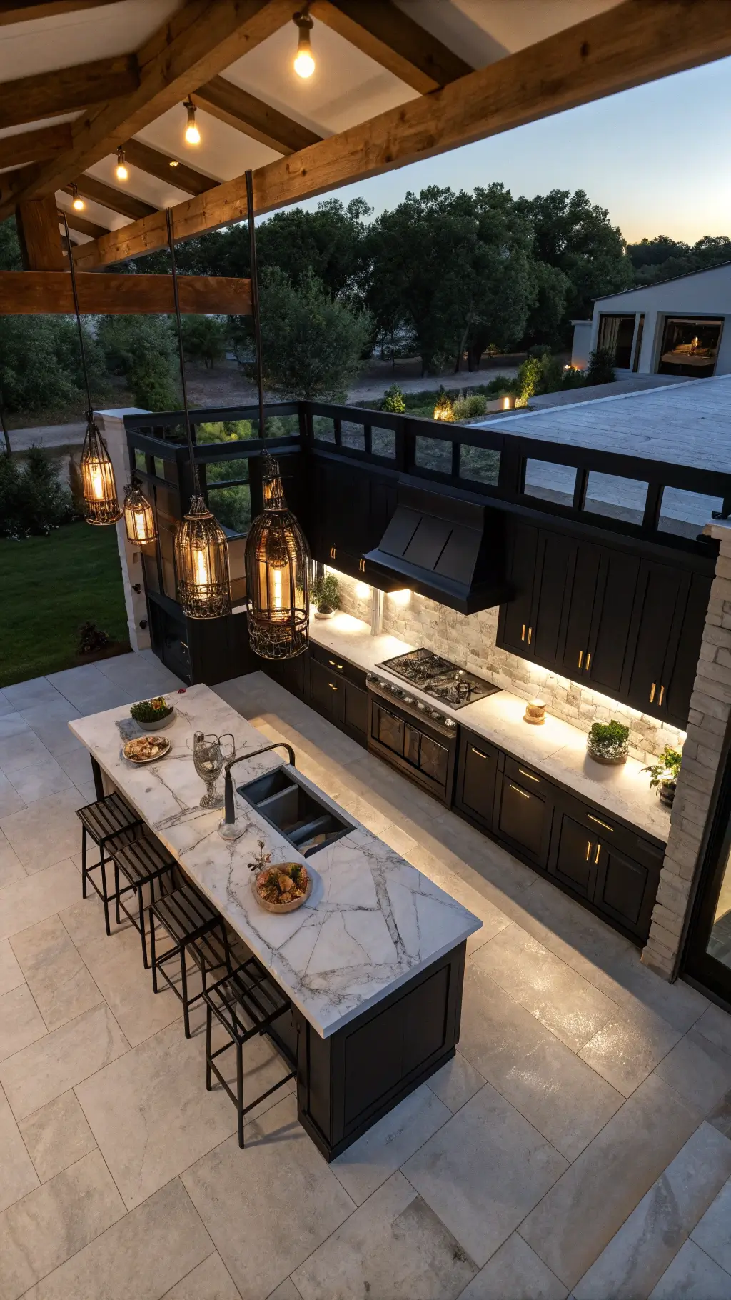 Aerial view of a luxurious industrial-style kitchen at twilight featuring matte black cabinets, white Carrara marble island, exposed beams, and a collection of copper cookware illuminated by three black metal and glass pendants, in a space of 15x20ft