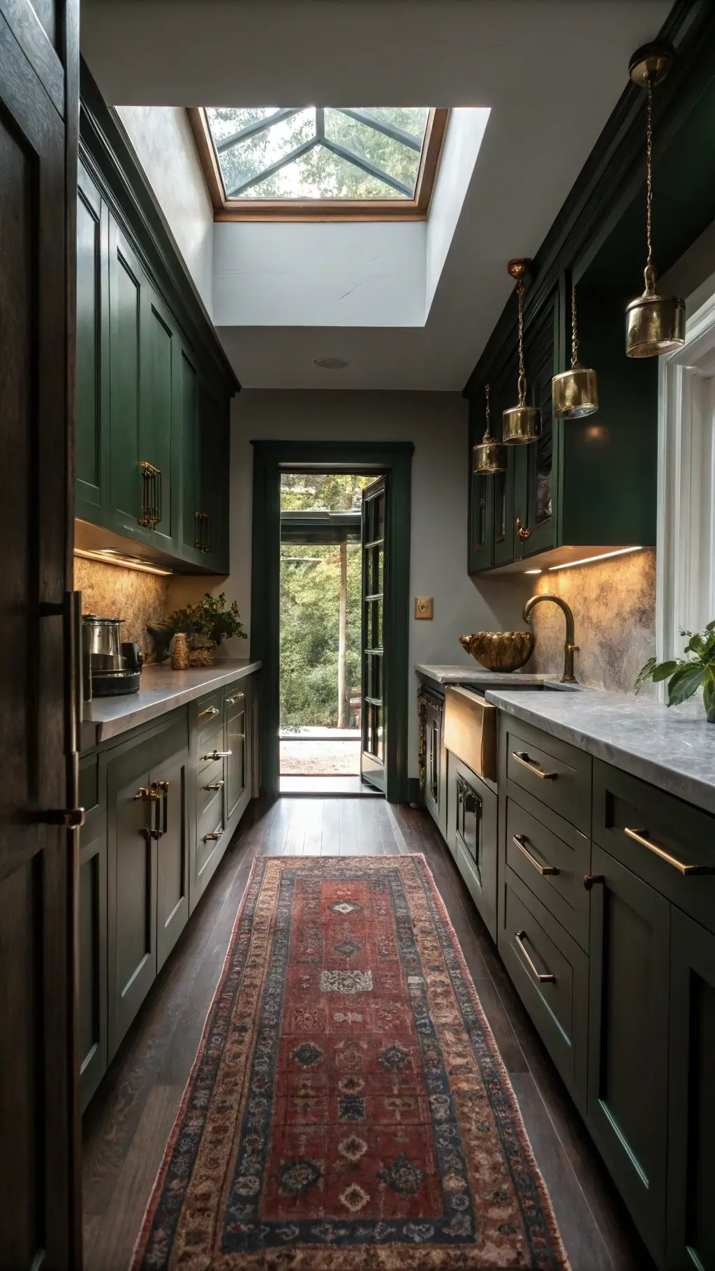 Moody galley kitchen with forest green cabinets and soapstone counters, handmade brass sconces, vintage rug, and skylight shot through a framed doorway.