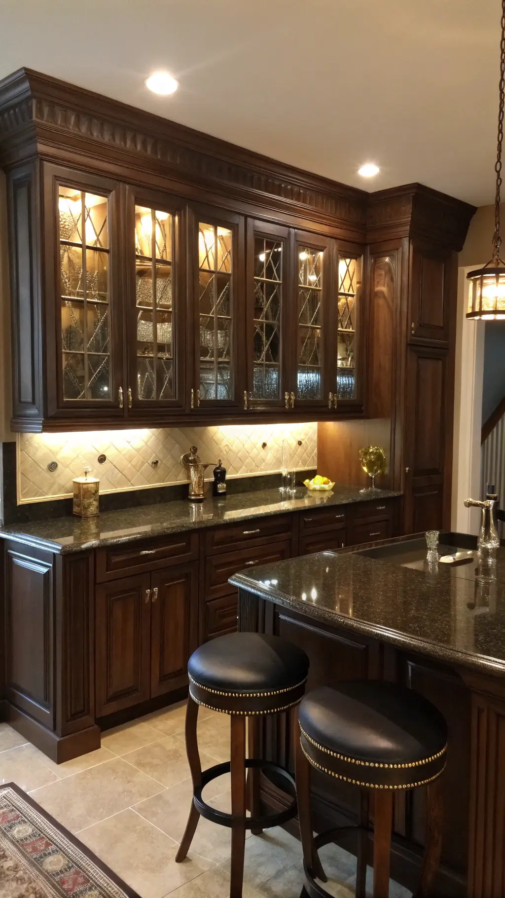 Midnight view of a kitchen corner showcasing illuminated glass-front upper cabinets, dark walnut cabinets extending to a 9ft ceiling, reflections on black granite under ambient lighting, and leather barstools tucked under a brass-edged island.