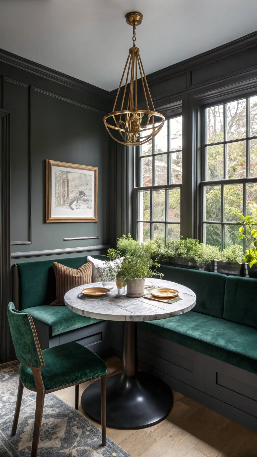 Sunlit breakfast nook in a charcoal-walled kitchen featuring a brass chandelier, a green velvet banquette, a black marble table, and potted herbs on the windowsill, shot from table height with backlit for a warm glow.