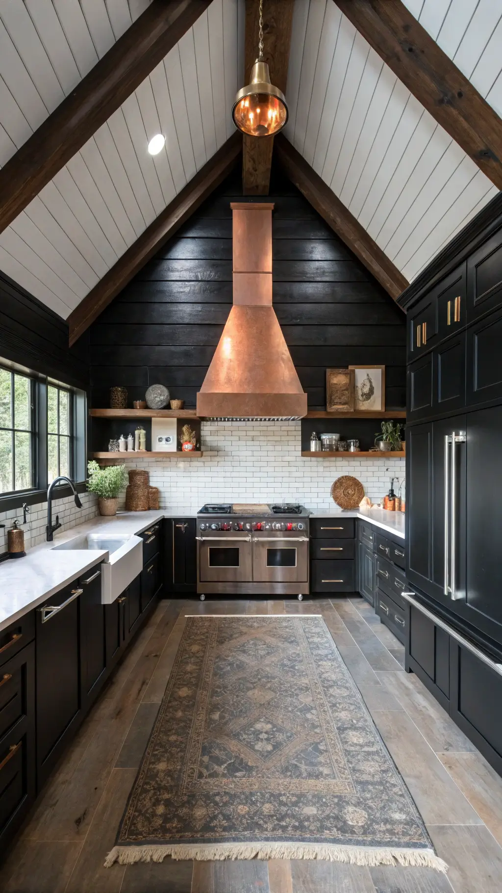 Modern farmhouse kitchen with black shiplap walls, vaulted ceiling with dark oak beams, oversized copper hood over industrial range, and vintage cutting boards on display, emphasizing vertical space and textures in a wide-angle shot.